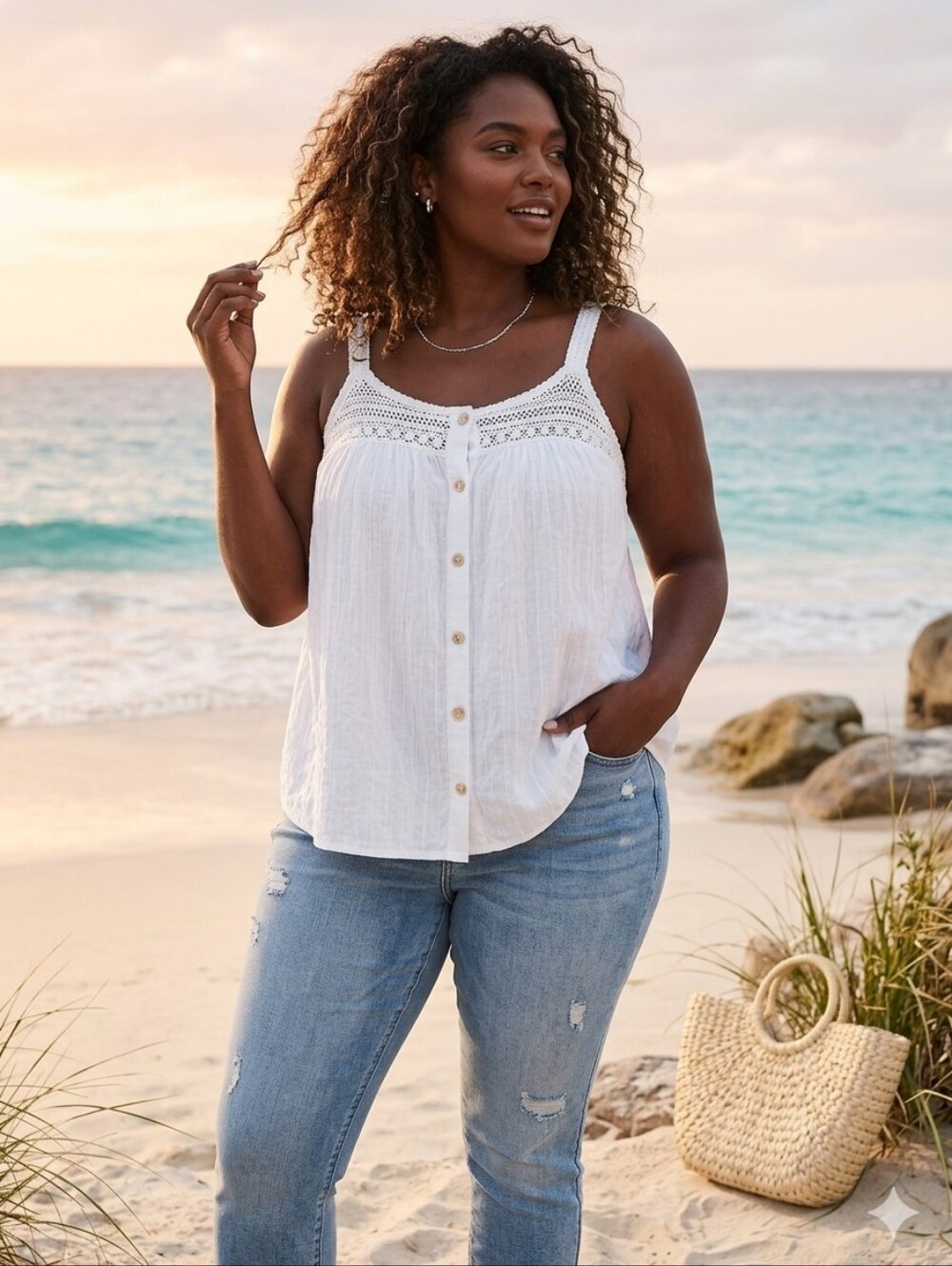 torrid White Crochet Yoke Button-Front Camisole